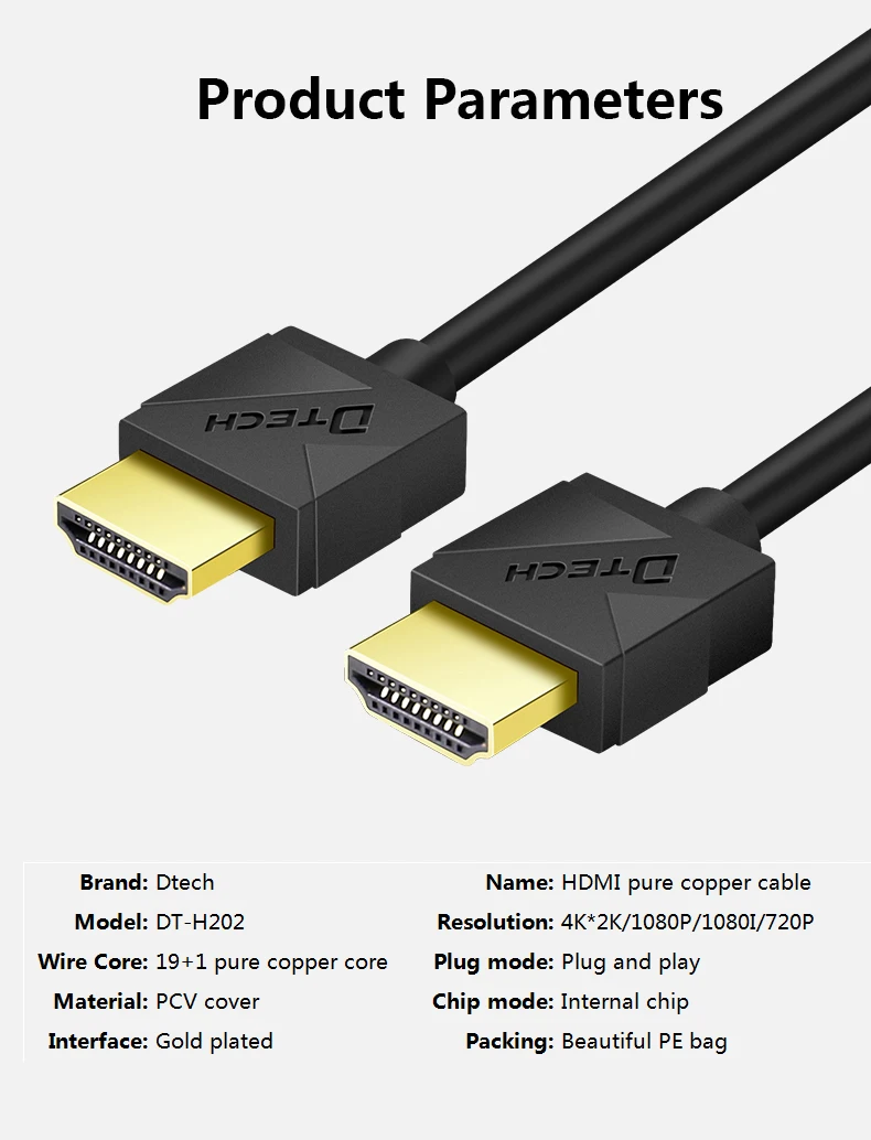 DTECH سعر المصنع واجهة مطلية بالذهب HD 1080p 3D 4k كابل 2m HDMI الرصاص للكمبيوتر HD TV العارض #5