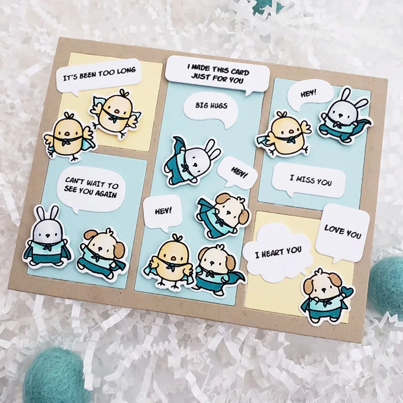 1Kung Fu Kids Mini Chickens Dialog Cutout Metal Cutting Dies Basic Phrase Blessed Words Clear Stamps DIY Scrapbook Paper Card