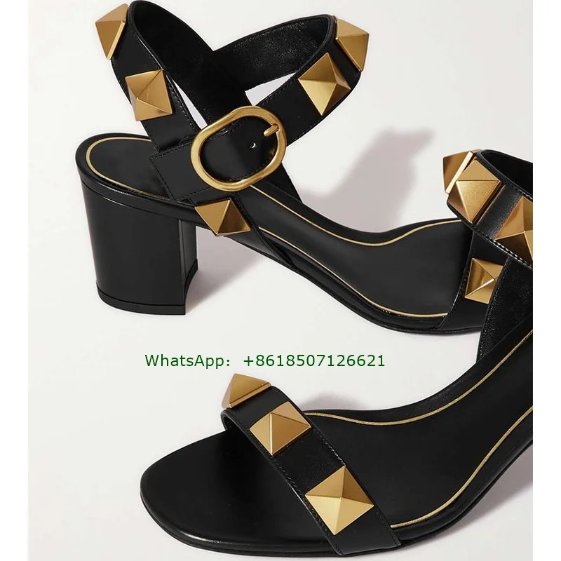 Black Stud Square Toe Mid-Heel Women Sandals With Buckle Sexy Open Toe Plus Size High Heels