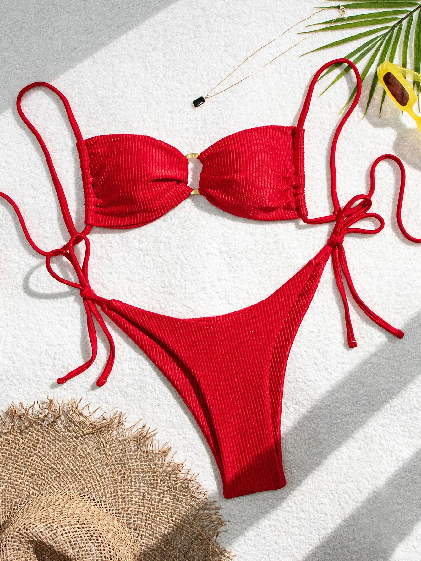 

Sexy Ribbed Red Micro Bikini Women Pleate Metal Ring Hole Out Push Up Bandage Thong Swimsuit Beach Bathing Suit Swimwear 2025