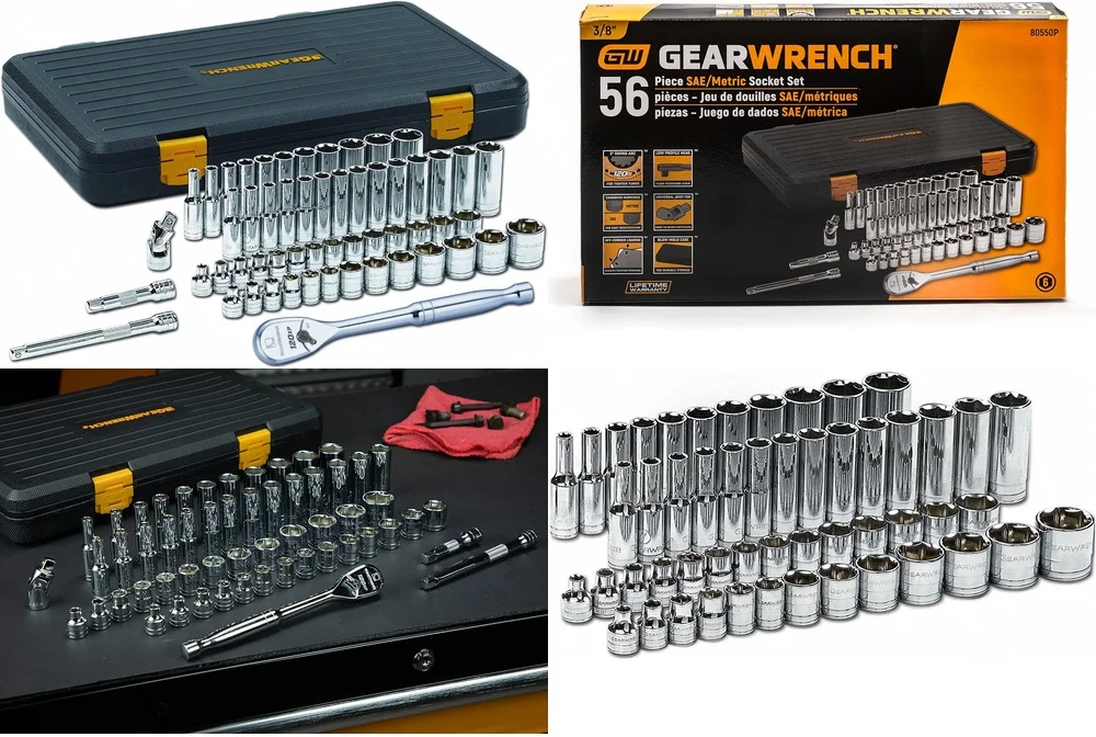 

Hand Tool Sets56 Pc 3/8 Drive 6 Pt 120XP Socket Wrench Set SAE Metric Combo