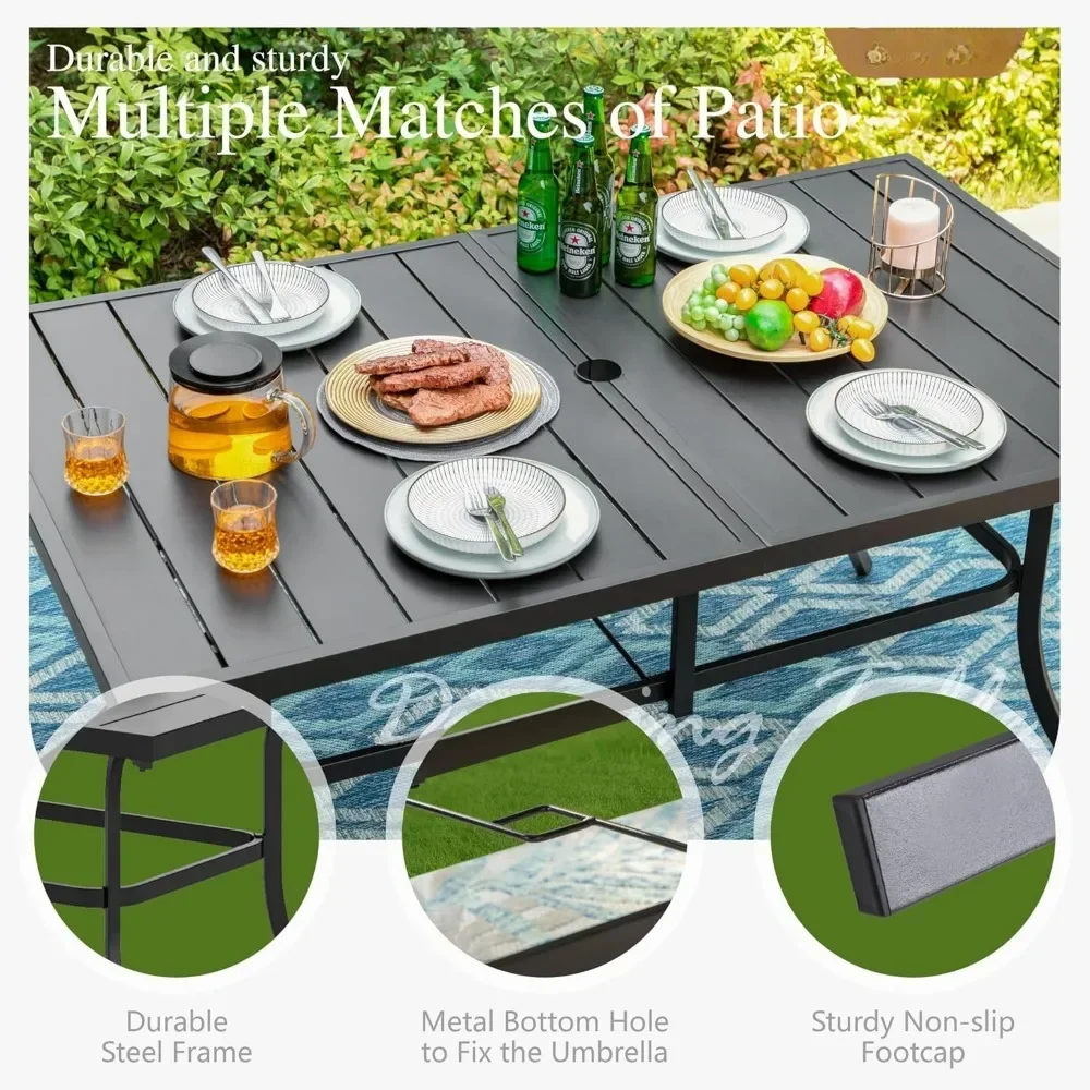 Juego de comedor para patio de 7 piezas, mesa y sillas de metal para patio, juego para 6, mesa rectangular para exteriores, juegos de comedor para exteriores para todo tipo de clima