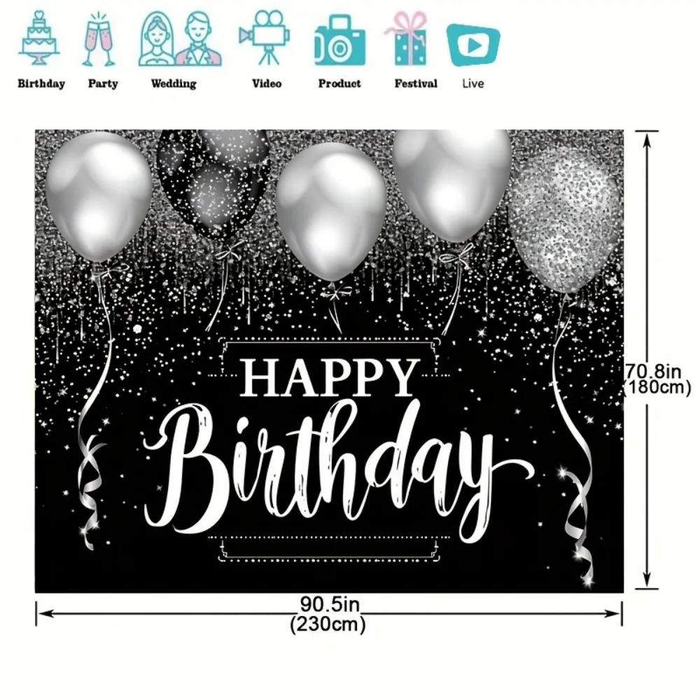 Happy Birthday Backdrop - Black and Silver Glitter Diamond Balloon Photography Background with Shinning Sparkle Effect