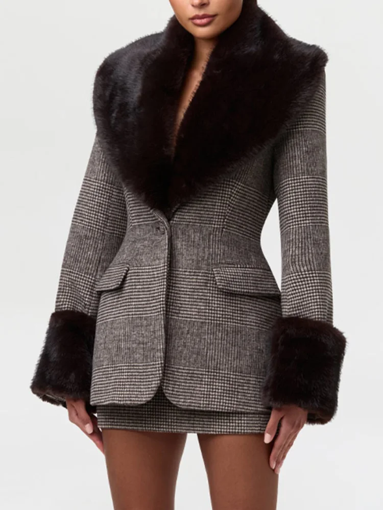 

Women Trendy Faux Fur Suit Set Chic Long Sleeve Slim Fit High Waist Jacket Sexy Hip Hugging Short Skirt New Lady Winter Outfit