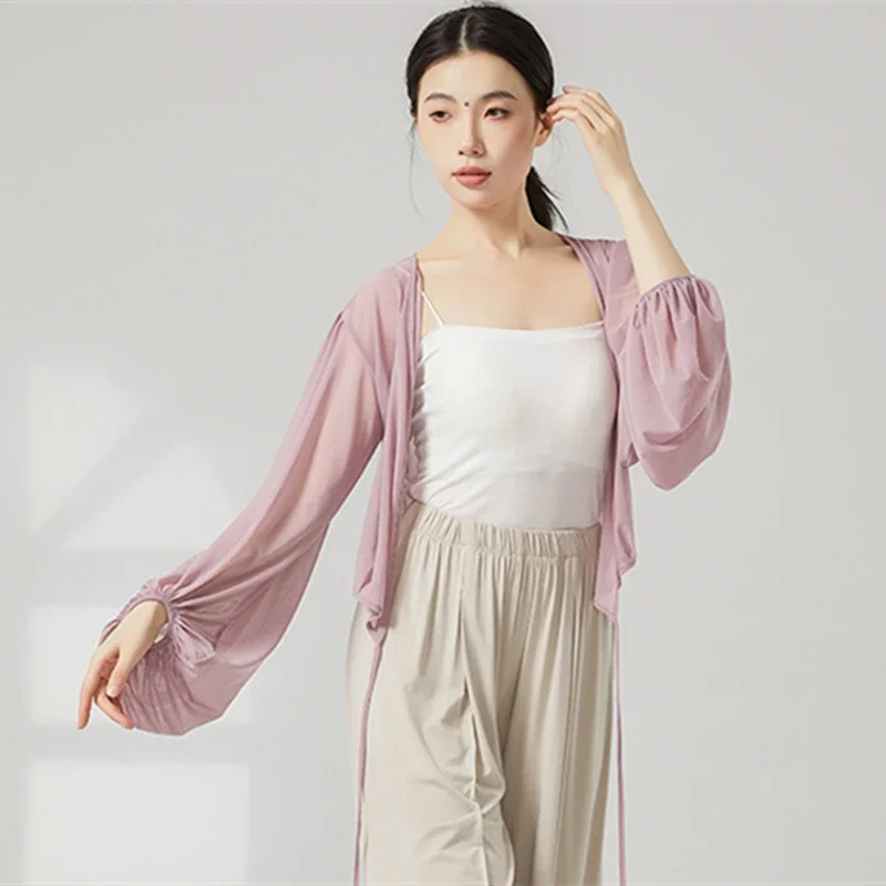Women Classical Dance Top Lantern Sleeve Waist Tie Shirt V-Neck Mesh Blouse Yoga See Through Chinese Folk Dancewear Training Top