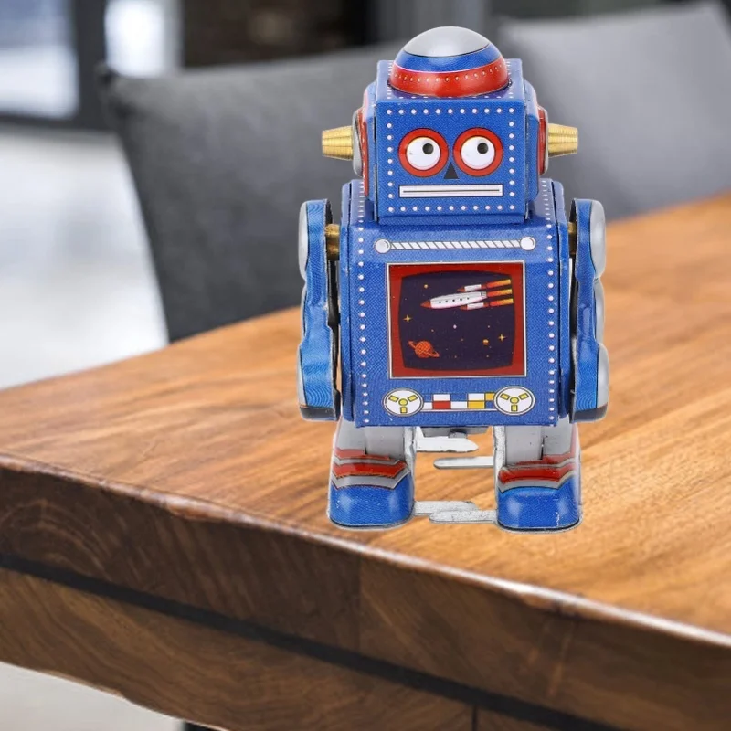 Image of Aufziehbares Roboterspielzeug, handgefertigt, dekoratives Vintage-Uhrwerk-Roboterspielzeug, interessantes Aufzieh-Eisenspielzeug für Café, Bar, Restaurant, Blau