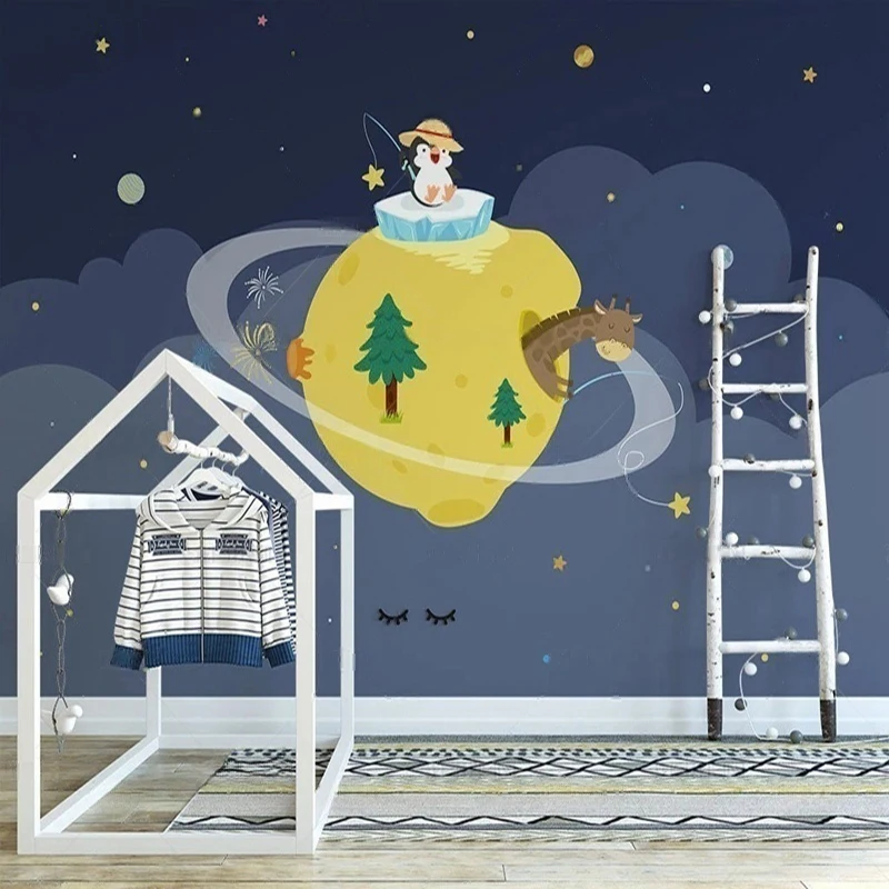 

MU8689 Nordic ins hand-painted cartoon planet and little animal children's room full-house background wallz