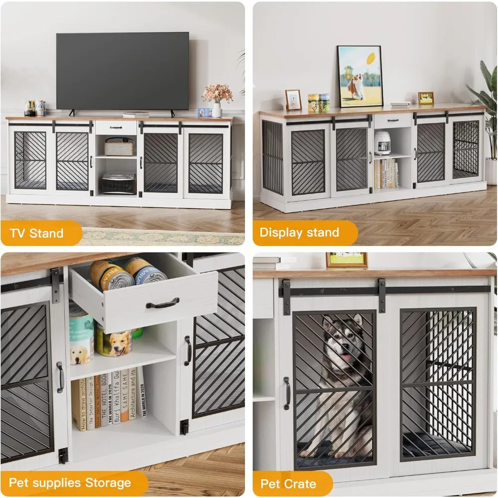 Sturdy Indoor Double Dog Crate Furniture, Large Breed Wooden Kennel End Table with TV Stand
