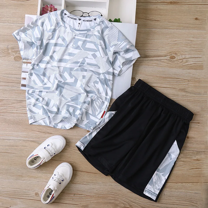 Summer Boys Quick-Dry Breathable Prints T-Shirt Top+Shorts Pant Workout Set School Kid 2PCS Tracksuit Child Jogger Outfit 3-14Yr