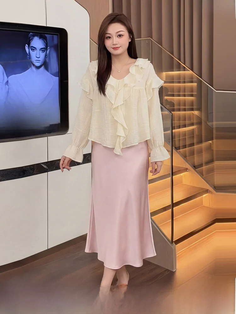 

Комплект из рубашки и юбки для женщин больших размеров: летняя розовая блузка с защитой от солнца, нежная элегантная блузка с кружевным краем, юбка А-силуэта с высокой талией