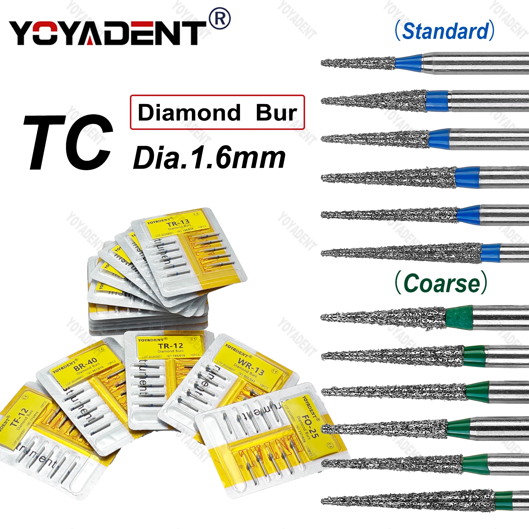 10Pcs/Pack TC Type Standard/Coarse/Fine/Extra Fine Dental Diamond Burs Dia.1.6mm For High Speed Turbine Dentistry Materials