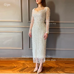 Giyu Luxury Pearls Lace Evening Dresses Dubai Arabic Women Long Sleeves Square Neck Formal Dress Event Ankle Length Customized