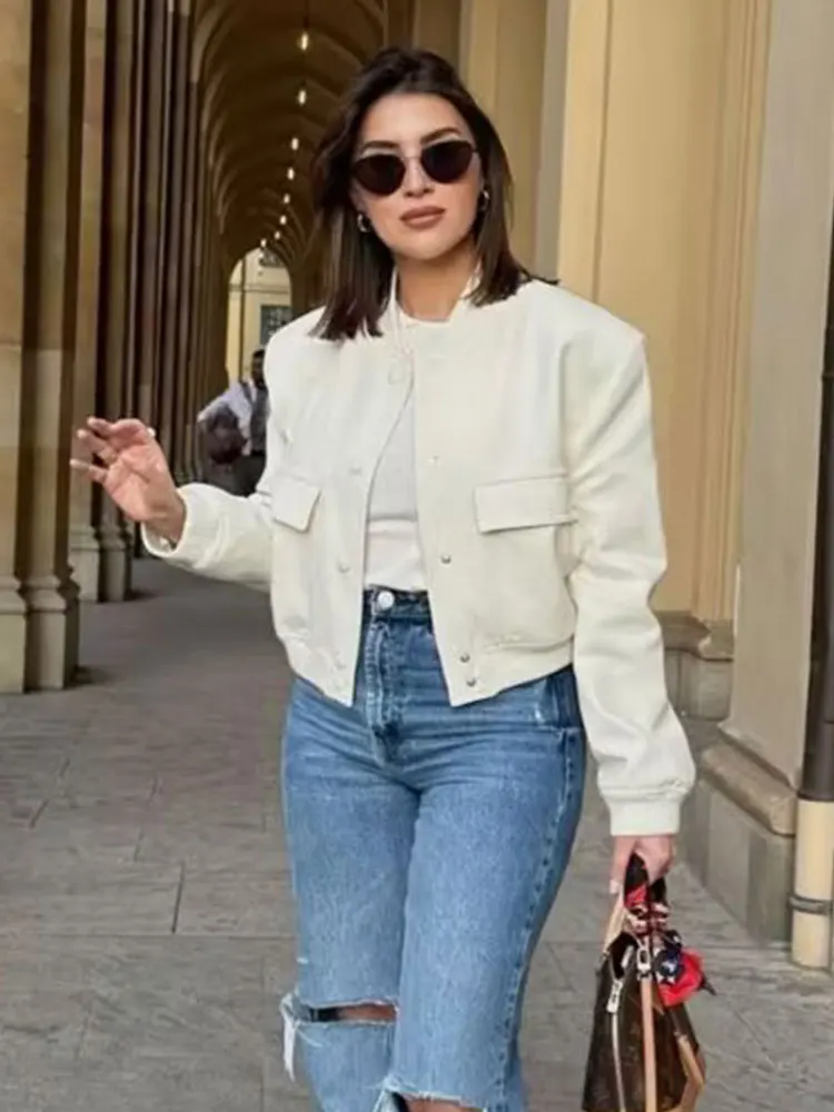 2024 Woman Solid Bomber Jacket Long Sleeves Loose Single Breasted Cardigan Female Commute Streetwear Women\'s New In Coat