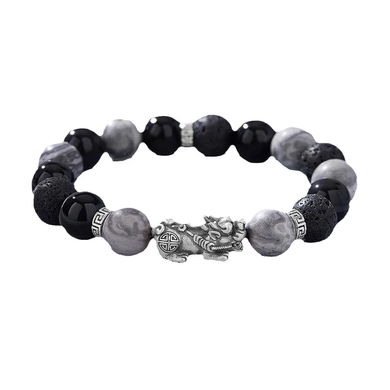 Pixiu 999 Bracelet Men Black Onyx Beaded Silver Jewelry Boyfriend 5