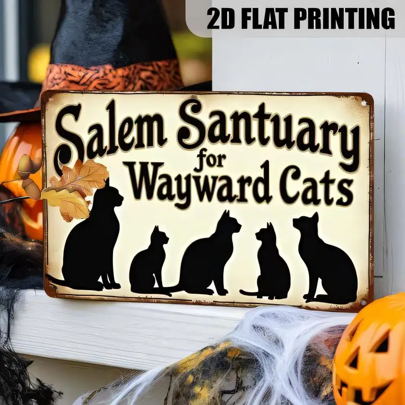 2D Flat Printed Sanctuary Wayward Cats Vintage Metal Sign - Black Cat Silhouettes Retro Tin Art, Iron, Halloween Home & Cat Love