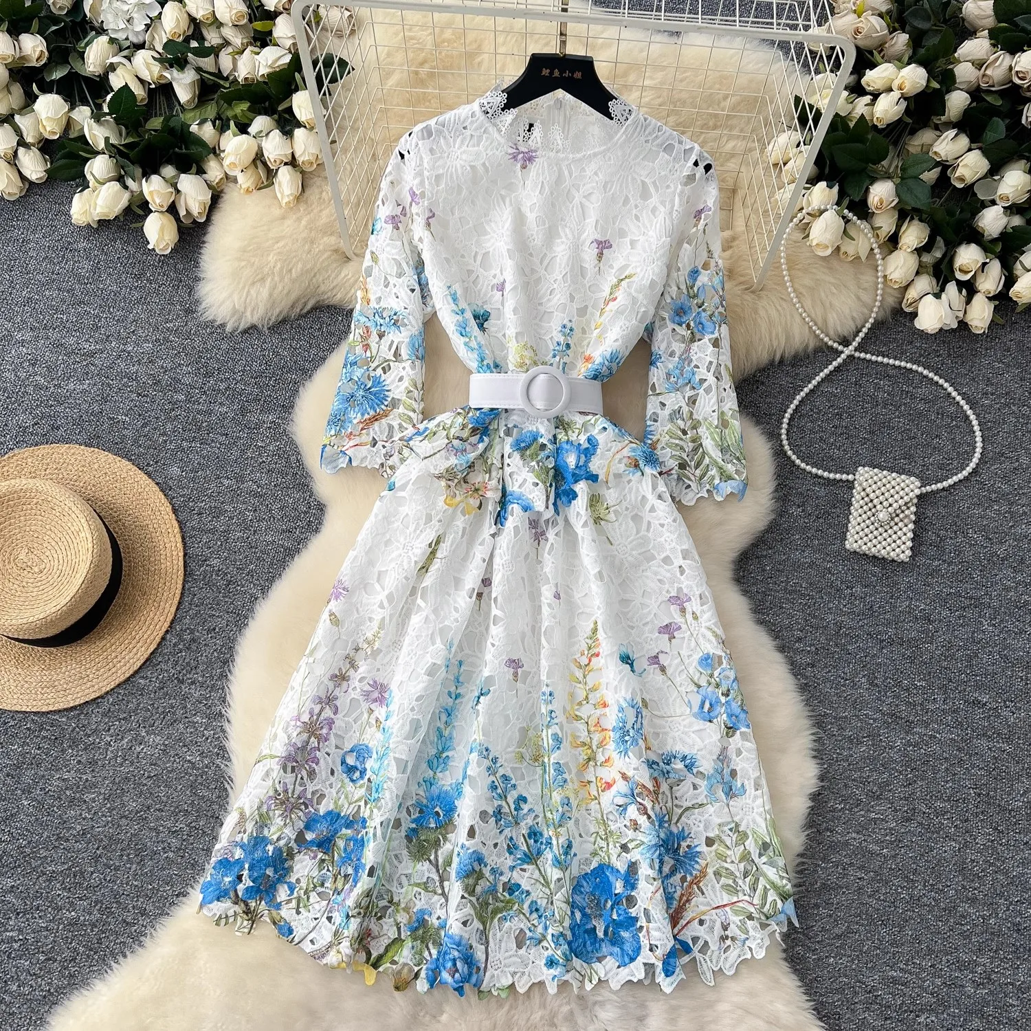 High Quality Summer Spring Lace Flower Print Midi Fashion Women Stand Collar Three Quarter Sleeve Hollow Out Party Casual Dress