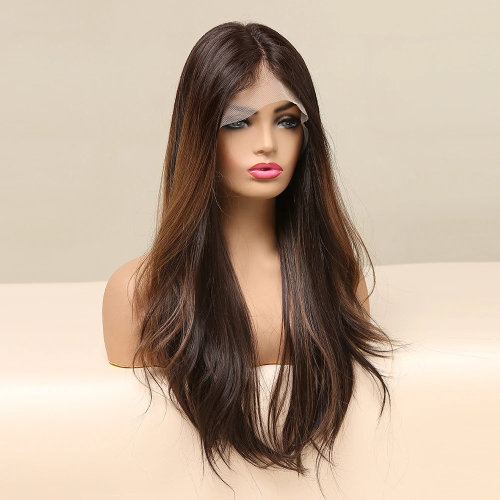 ALAN EATON Long Wavy Dark Brown Ombre Synthetic Lace Front Wigs for Women Middle Part Lace Front Wig High Density Heat Resistant