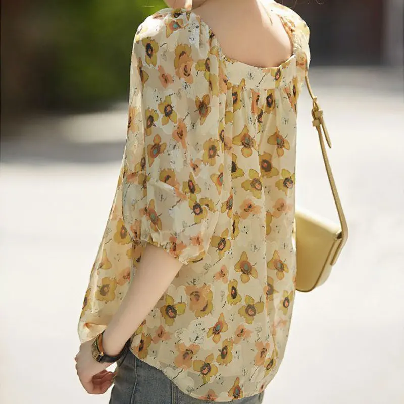 French Style Square Collar Loose Blouse Fashion Half Sleeve Women\'s Clothing Casual Folds Spliced Summer New Sweet Chiffon Shirt