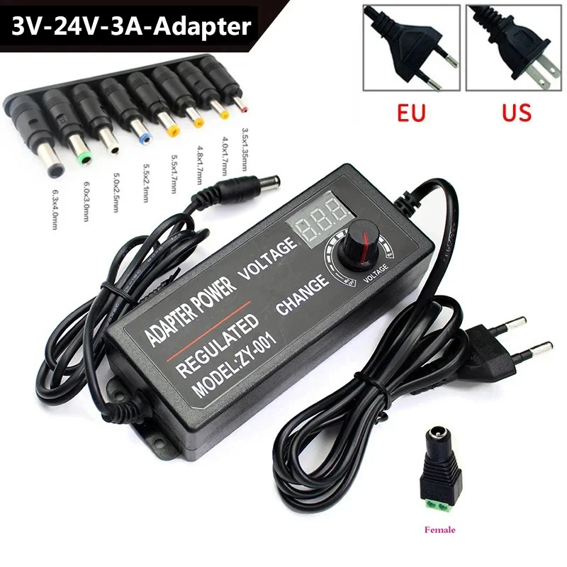 

Adjustable Power Adapter Universal DC Power Supply Adapter AC to DC 3V 24V 3A Regulated Switching Adapter With 8PCS Connect