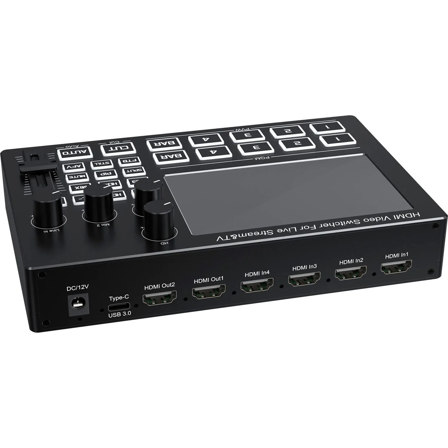 1080P 4 Channel HDMI Live Streaming Video Mixer Switch Live Broadcast Video Switcher with 5 Inch Screen Mic Line in Audio Mixing