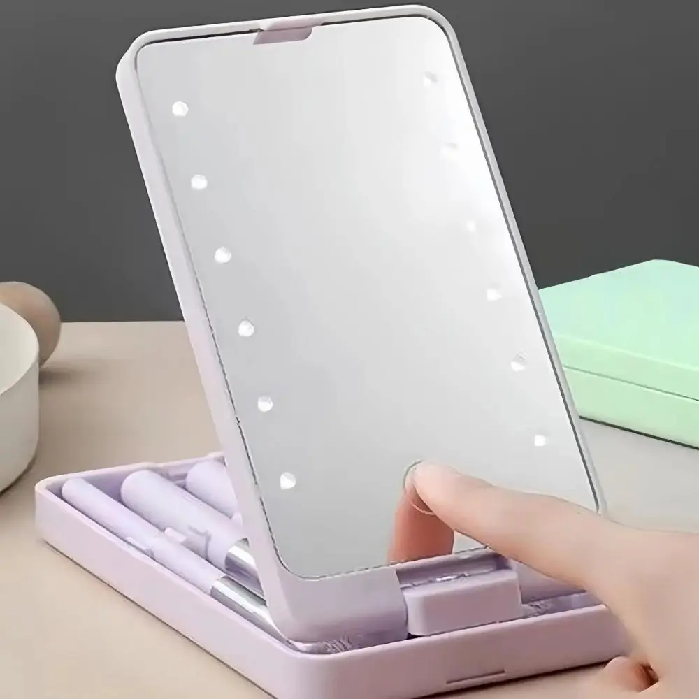 Rotatable Mirror Travel Makeup Brush with Light USB Rechargeable with 5pcs Brush LED Makeup Mirror Brush Set High Clarity