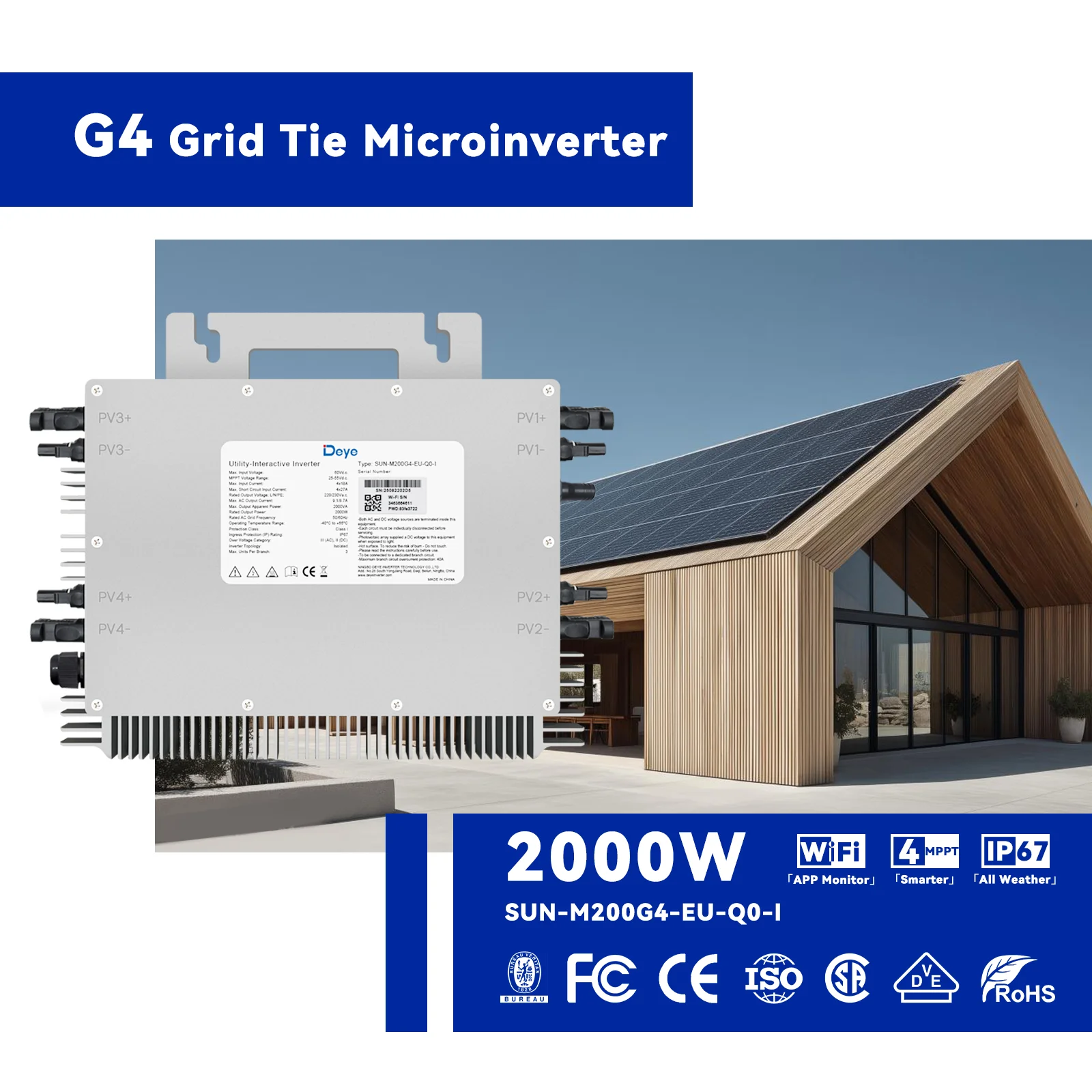 New! DEYE G4 2000W Solar Grid Tie Microinverter with 4 MPPT Connected Converter Anti Backflow WiFi DC20 60V to AC230V Output