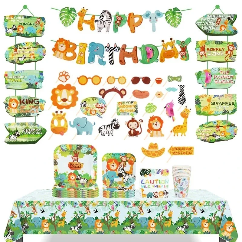 

Woodland Jungle Animals Disposable Tableware Safari Birthday Party Kid Zoo Monkey Lion Zebra Elephant Boy Forest