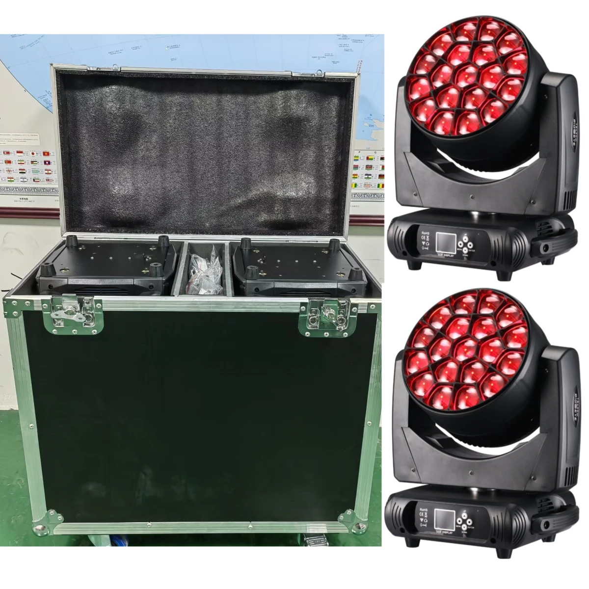 Flightcase + 2 pièces faisceau LED lavage grands yeux d'abeilles 19x40W RGBW Zoom éclairage à tête mobile avec ouverture LED DJ Disco scène