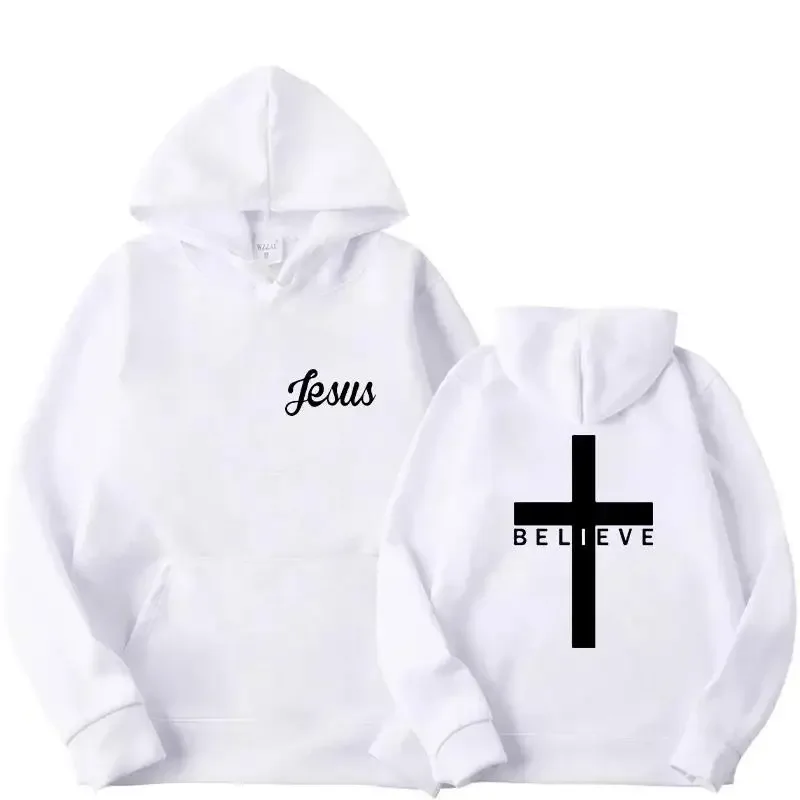 Men's Believe Cross Jesus Printed Hoodies Man Design Drawstring Hoodie Tops Harajuku Spring Autumn Hooded Streetwear Sportswear