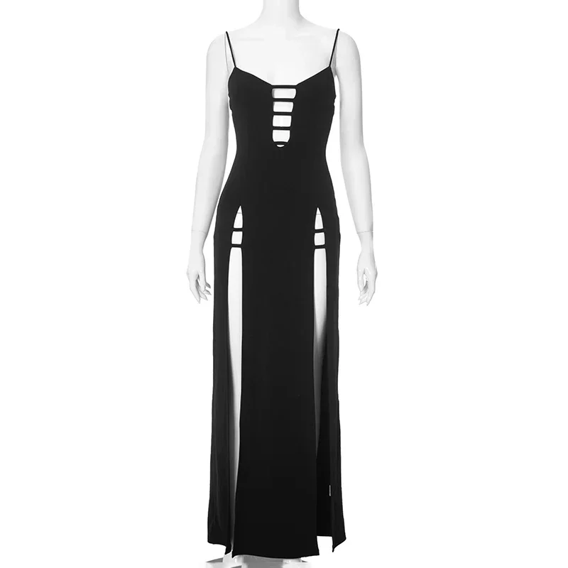 Chaxiaoa Sexy Spaghetti Strap Cut Out Side Slit Maxi Dress Women Backless Casual Black Gothic Long Party Vestido Y2K Clothes