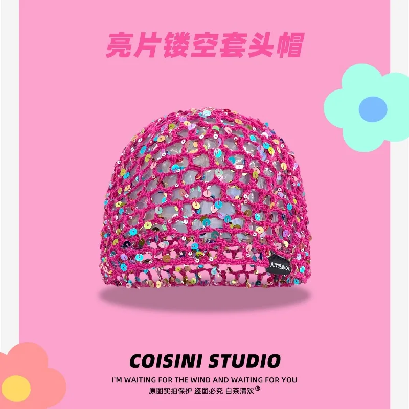 

Japanese Personality Hollow Sequined Mesh Pullover Hat Women's Summer Fashion Hand-woven Short-brimmed Skull Beanie Cap