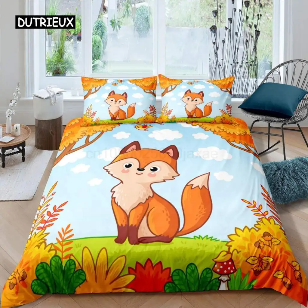 

Fox Duvet Cover Set Girls Cartoon Fox Bedding Set Lovely Animal Theme Comforter Cover for Kids Teens King Polyester Quilt Cover