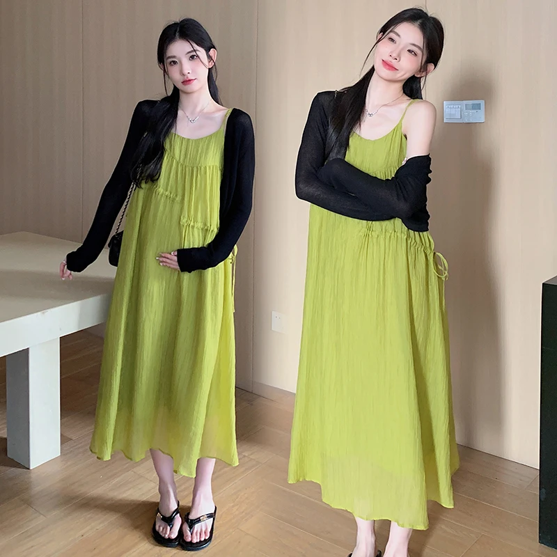 

Pregnant Women's Summer Green Dress Sleeveless Irregular Drawstring Waist Maternity Strap Dress Loose Pregnancy Elegant Dress