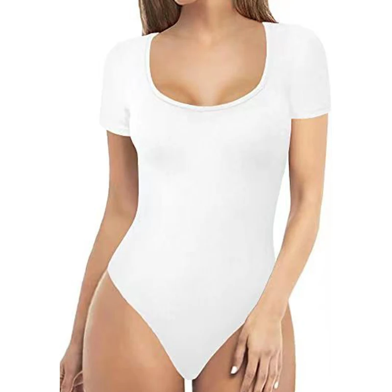 BurVogue Women\'s Bodysuits Sexy Ribbed One Piece Square Neck Short Sleeve Bodysuits Double Lined Thong Bodysuit