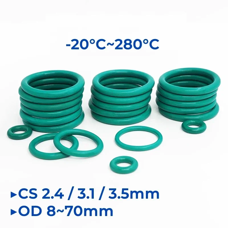 Green Fluorine Rubber O-Ring OD8-70mm Thickness CS2.4/3.1/3.5mm O-Rings Sealing Gasket Oil Resistant Acid & Alkali Resistant