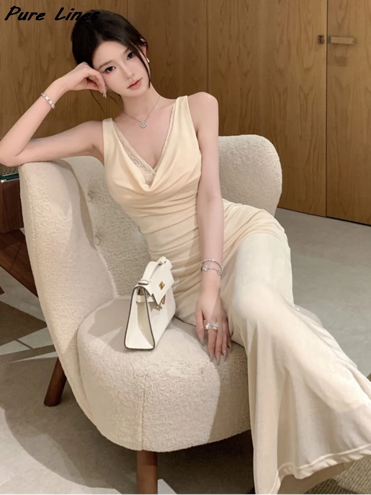 

Sexy Lace Trim Swing-Collar Mermaid Bodycon Dresses Woman New Sleeveless Pleated Patchwork Dress Evening Party Prom Gown Robe