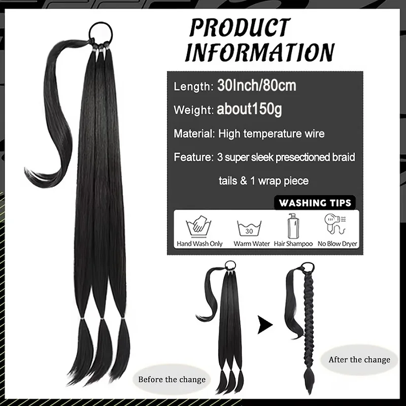30Inch Synthetic Long Straight Braided Ponytail Elastic Rubber Band Wrap Around Clip Hairpiece for Women Daily Use