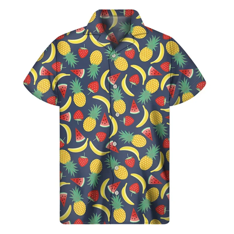 Camisa havaiana com padrão de frutas masculinas, Banana, Laranja, Dragão, Fruta, Estampada, Manga curta, Botão de lapela, Top, Verão, 2022