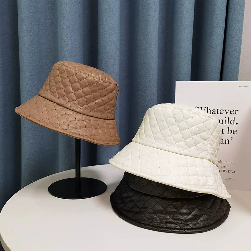 New Women Autumn Winter Solid Color Versatile Rhombus Fisherman Hat Korean Style Outdoor Warm Cold-Proof Fashionable Bucket Cap 3