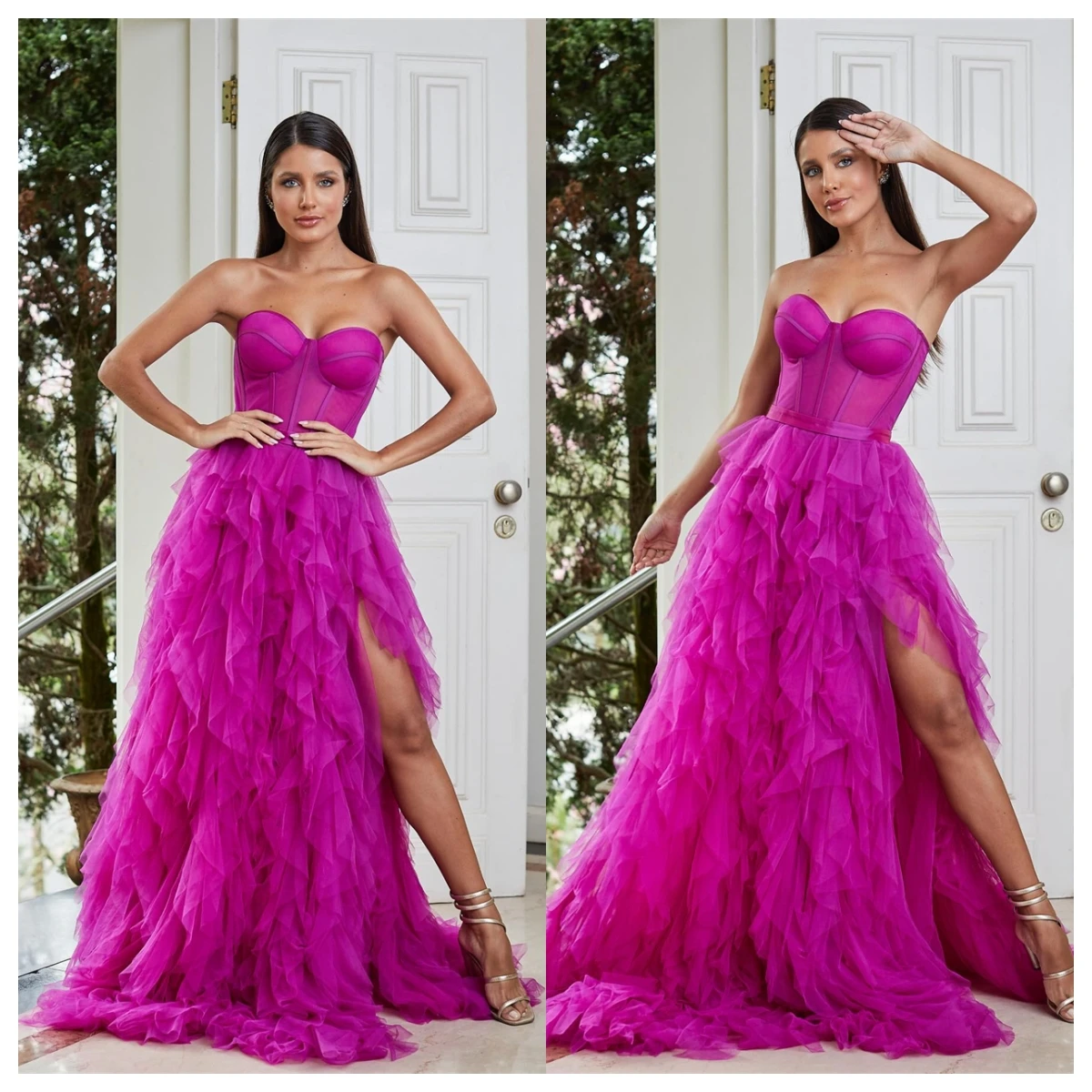 فستان سهرة رائع من التول الفوشيا بدون حمالات بدون أكمام للمناسبات الخاصة فستان مثير لحفلات العودة للوطن بسحاب
