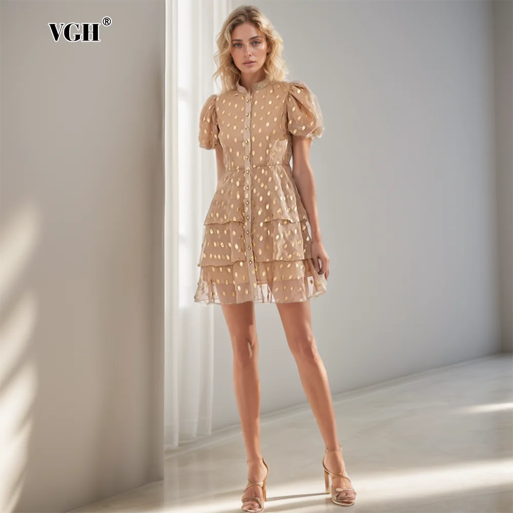 

VGH Casual Dot Dresses For Women Round Neck Puff Sleeve High Waist Patchwork Mesh Slim Sweet Mini Dress Female Fashion Clothing