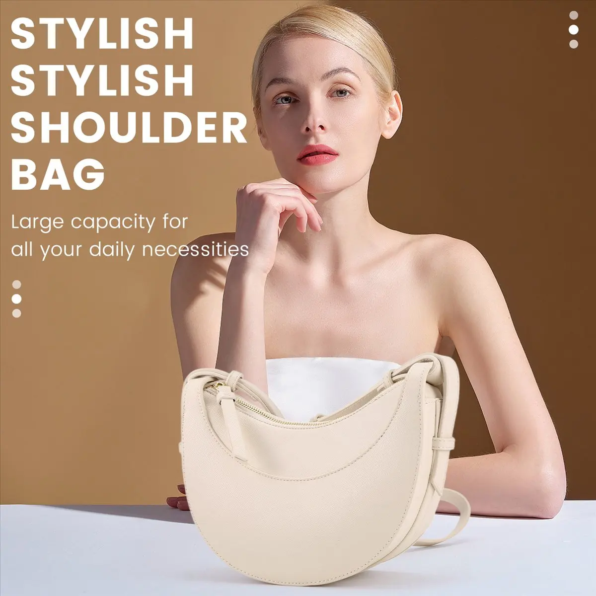 Carefree- Versatile Casual Crescent Bag Saddle Bag Fashionable Handbag Shoulder Bag Large Capacity Messenger Bag White