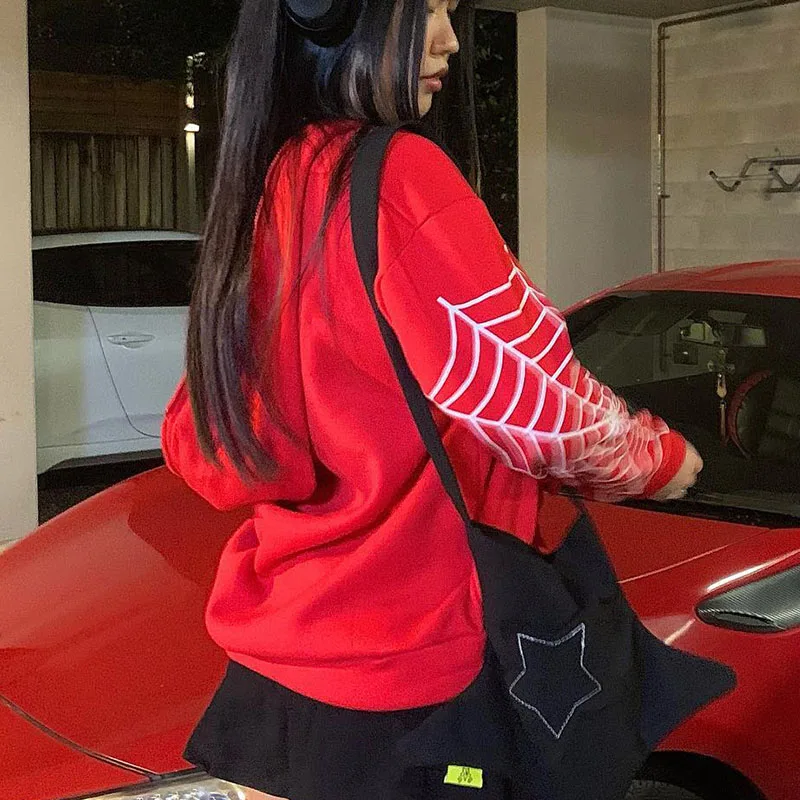 2000s Red Spider Web Print Oversized Sweatshirt Gothic Harajuku Zipper Jacket Clothes Punk Winter Woman Hoodie Couple Outfit