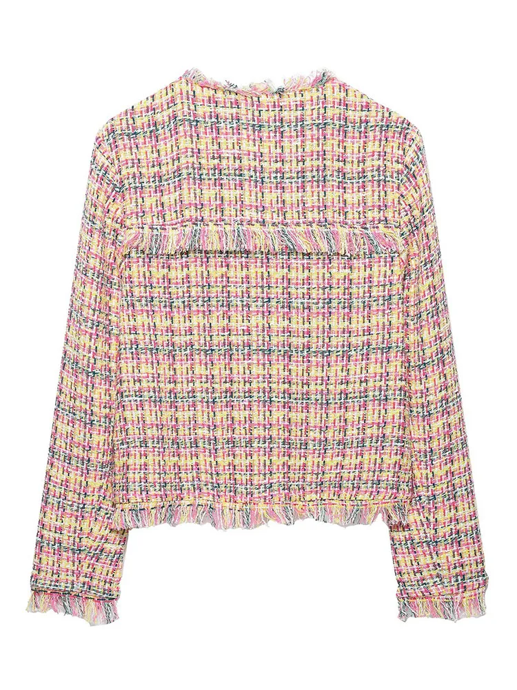 HH Women Spring Autumn Casual Colorful Tweed Jacket Fringed Trim Crew Neck Open Front Cropped Long Sleeve For Work Office Wear