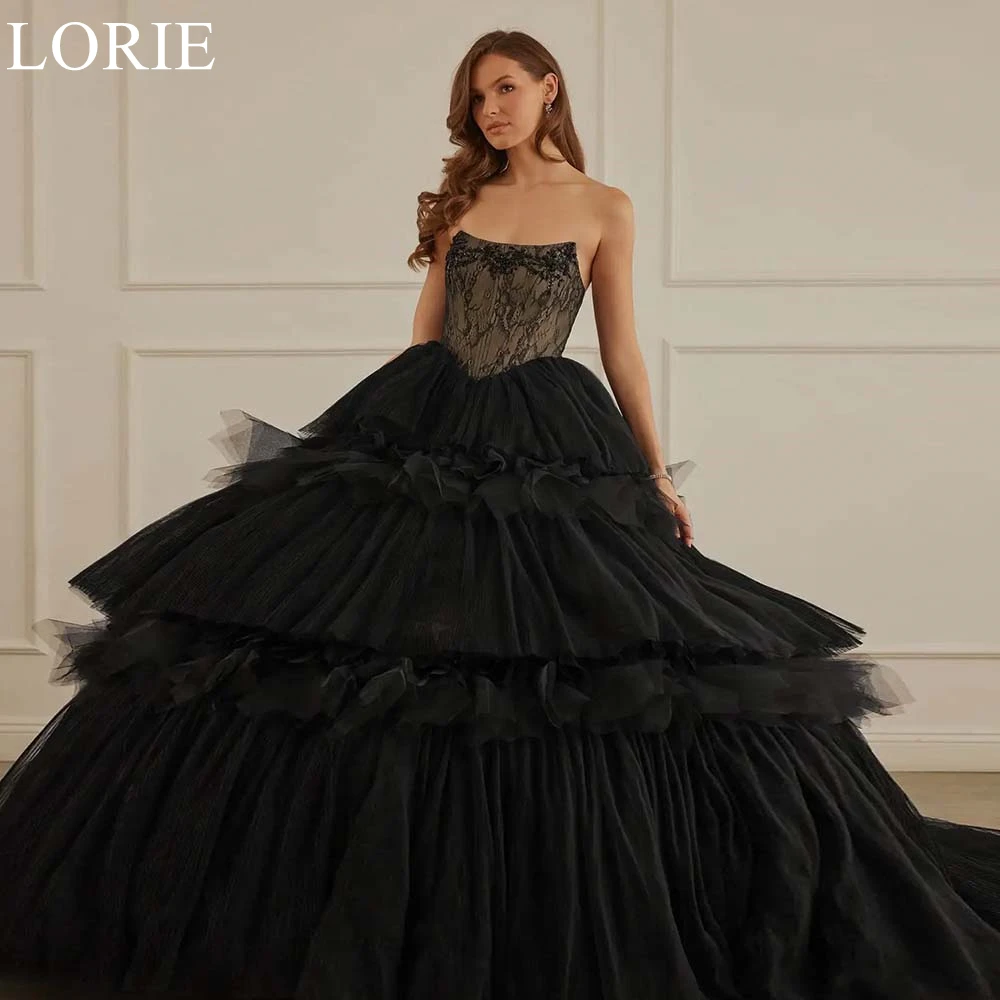 

LORIE Elegant Black Lace Wedding Dresses Ball Gown Strapless Tiered Ruffles Pleated Bride Prom Gown 2025 Bridal Gowns Customized