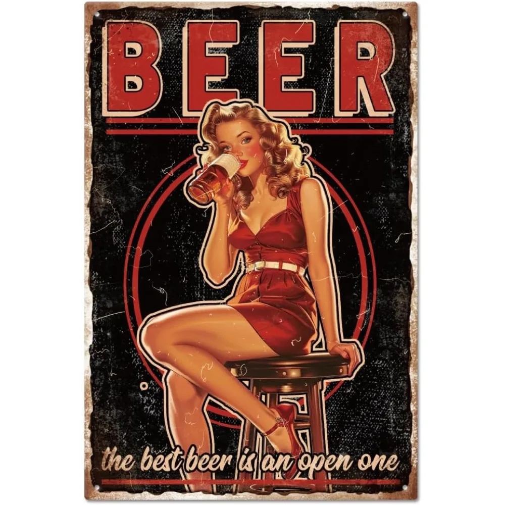 Targa in metallo vintage Pin Up Lady 8 × 12 pollici Retro Birra Divertente targa in metallo per porta della stanza Targhe in grotta Kit per la creazione di poster con placca artistica