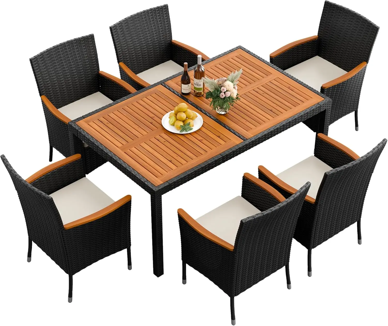 

7 Piece Patio Dining Set Outdoor Acacia Wood Table and Chairs with Soft Cushions Wicker Patio Furniture for Deck,Backyard,Garden