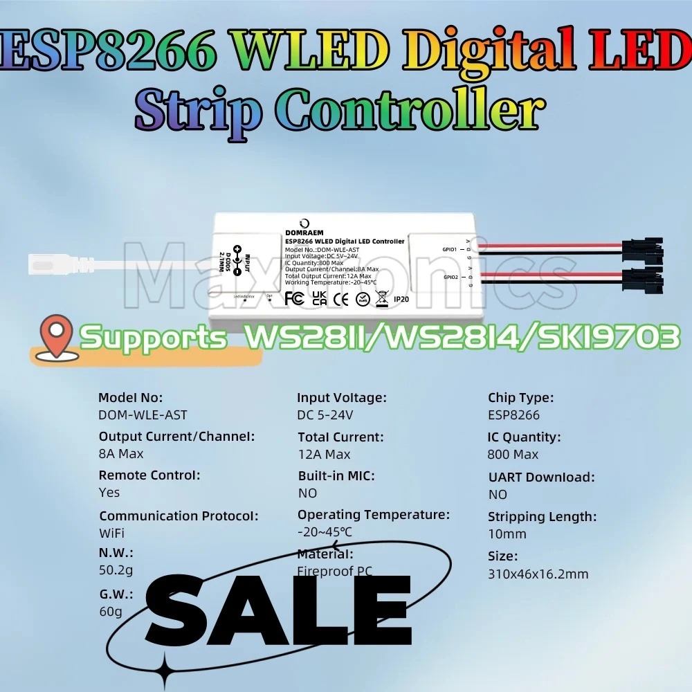 ESP8266 WLED Digital LED Strip Controller Supports WS2811/WS2814/SK19703etc 2CH 12A Ultra-Thin Max Output,Drives 800 ICs