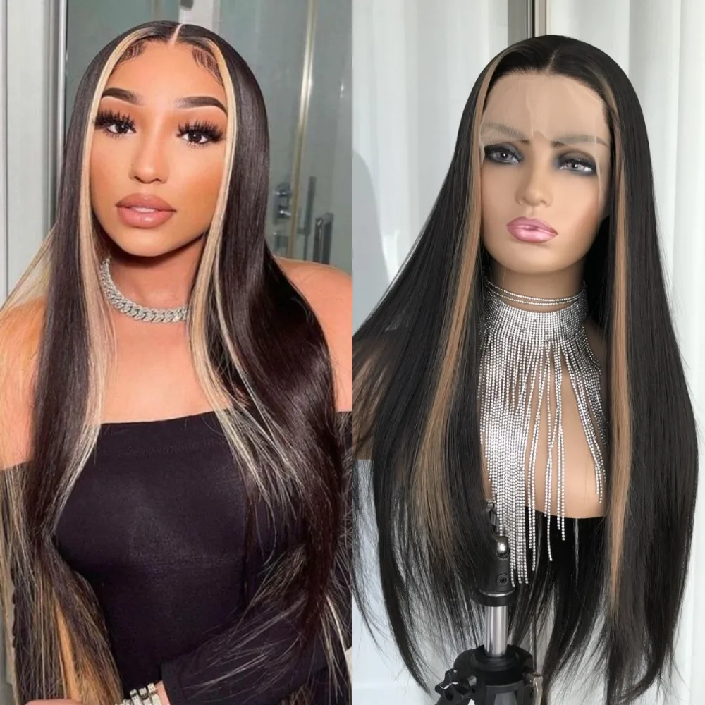 

Glueless Lace Front Wigs For Women Long Straight Synthetic Lace Wigs Pre Plucked 1B27 Tone Natural Looking Fiber Wig