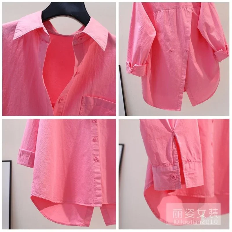 

Pop Pop 2025 Spring Joker Cardigan Top Sun-proof Female Pure Colour Split Rose Pink Cotton Shirt Behind Women Loose Long-sleeved